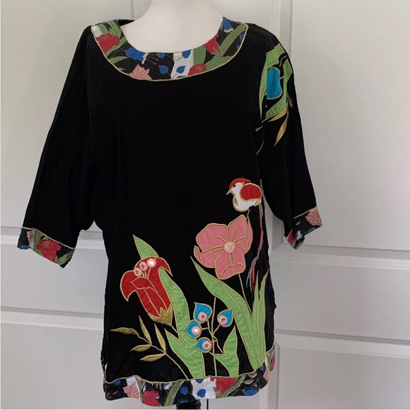 Vintage 1970s Ramona Rull size L Appliqué Tropical Bird Floral Dolman Tunic Top - Picture 8 of 9